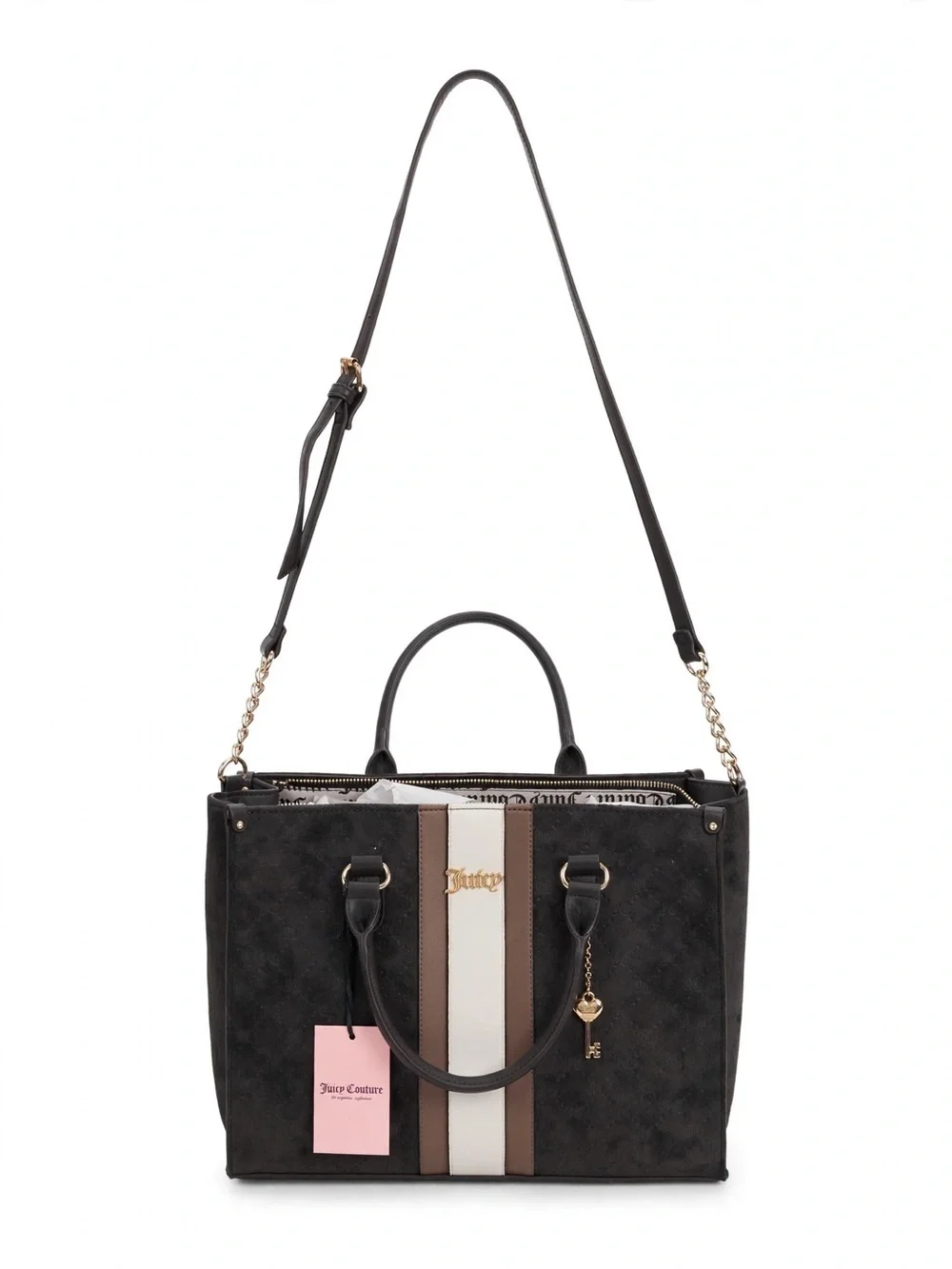 Juicy Couture Black Suede Satchel with Brown and Cream Center Stripe